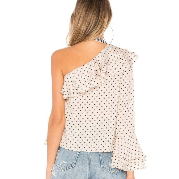 Lovers + Friends S Maya Top Ivory Star Polka Dot Ruffle One Shoulder Blouse NWT - Picture 4 of 11